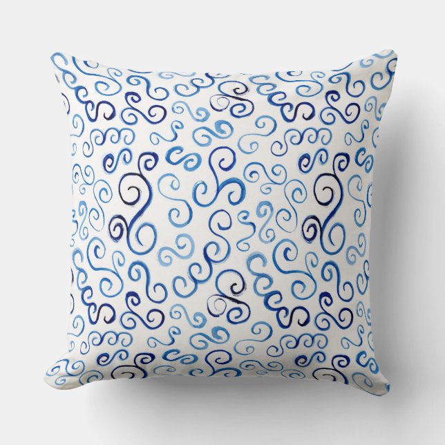 Whimsical Prussian Blue Watercolor Curves Throw Pillow (Front)