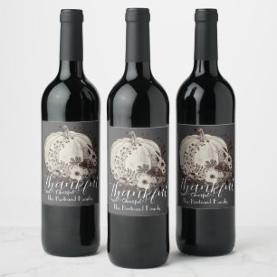 Whimsical Pumpkin Floral Autumnal Thankful Name Wine Label