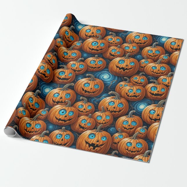 Whimsical Pumpkin Halloween Wrapping Paper (Unrolled)