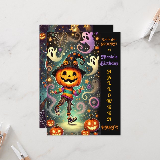 Whimsical Pumpkin Head Witch Halloween Party Invitation (Front/Back In Situ)