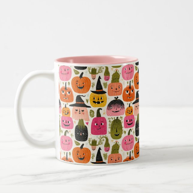 Whimsical Pumpkin Pattern Cute Colourful Halloween Two-Tone Coffee Mug (Left)