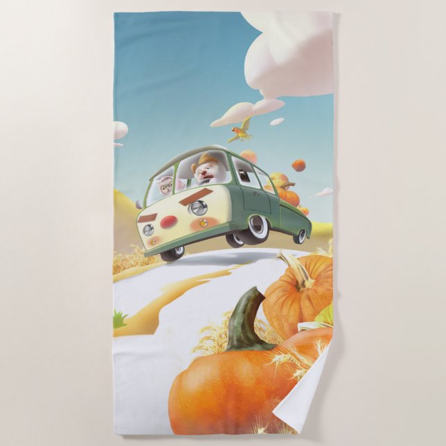 Whimsical Pumpkin Ride Beach Towel (Front)