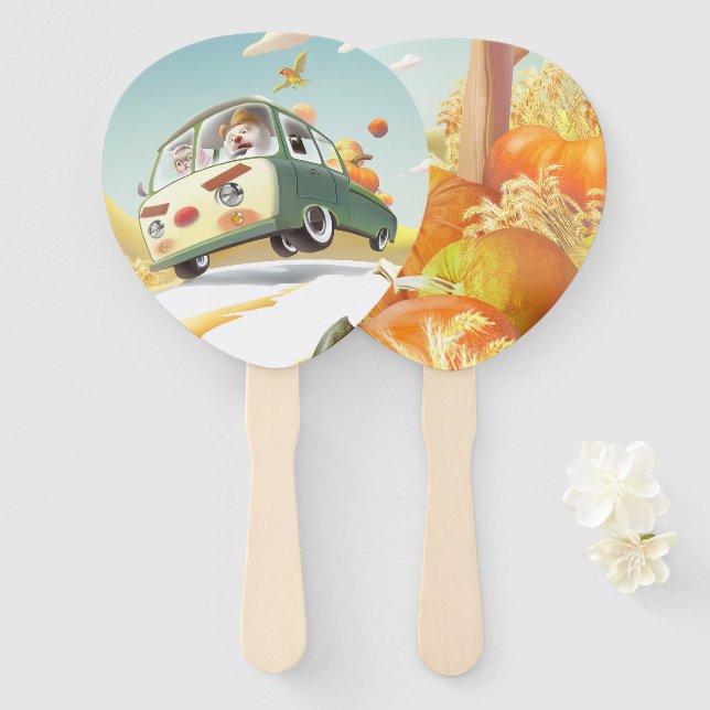 Whimsical Pumpkin Ride Hand Fan (Front and Back)