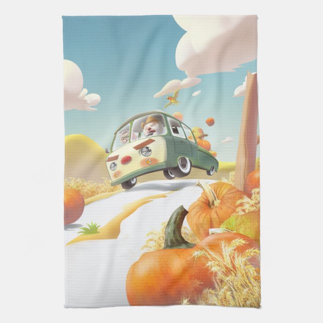 Whimsical Pumpkin Ride Kitchen Towel (Vertical)