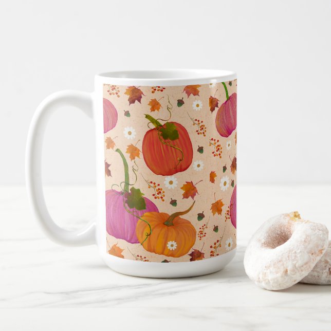 Whimsical Pumpkins Fall Leaves  Coffee Mug (With Donut)
