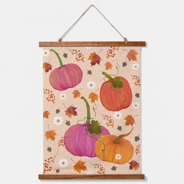 Whimsical Pumpkins Fall Leaves  Hanging Tapestry (Front)