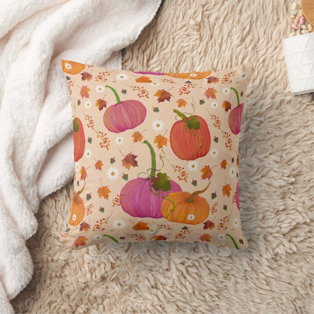 Whimsical Pumpkins Fall Leaves  Throw Pillow (Blanket)