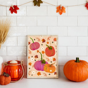 Whimsical Pumpkins Fall Leaves Watercolor Art Poster