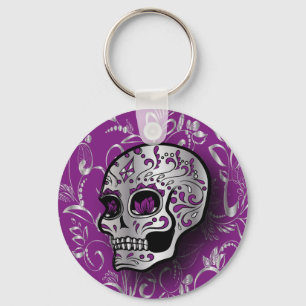 Whimsical Purple and Silver Sugar Skull Keychain