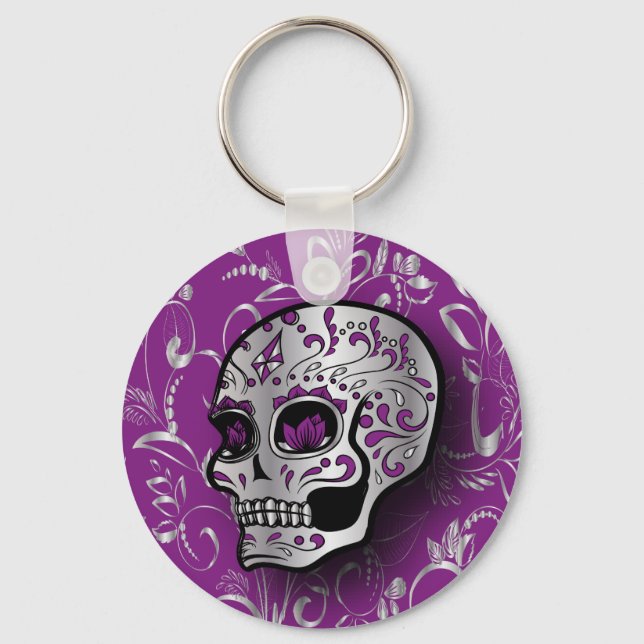 Whimsical Purple and Silver Sugar Skull Keychain (Front)