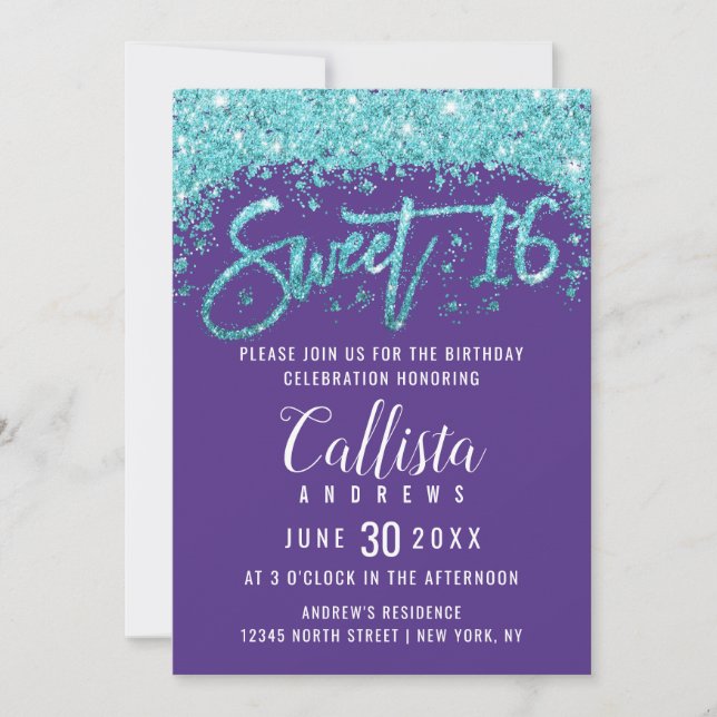 Whimsical Purple Aqua Blue Glitter Dust Sweet 16 Invitation (Front)