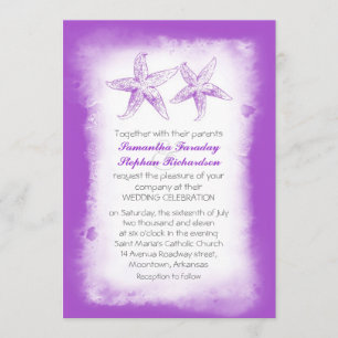 Whimsical purple beach wedding invitations