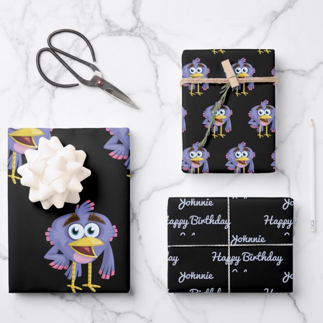 Whimsical Purple Bird Cartoon Coordinated Gift Wrapping Paper Sheet (Front)
