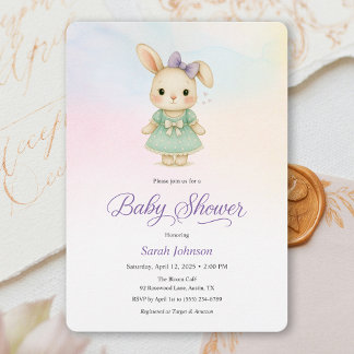 Whimsical Purple Bunny Girl Baby Shower Invite