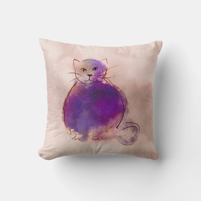 whimsical purple cat watercolor design  throw pillow (Front)