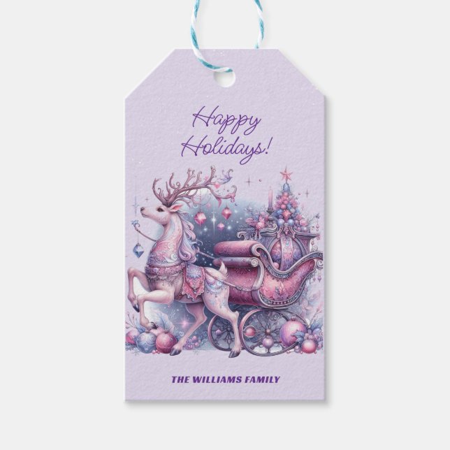 Whimsical Purple Christmas Reindeer Gift Tags (Front)