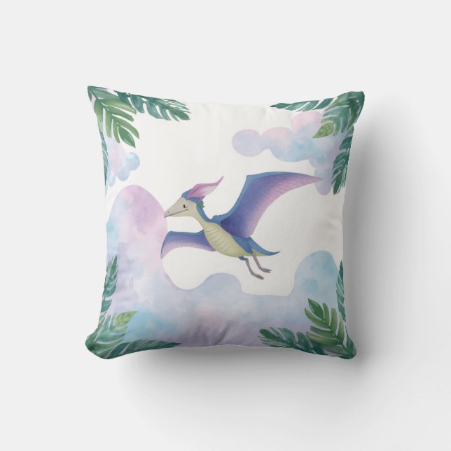 Whimsical Purple Dinosaur in Clouds Throw Pillow  (Front)