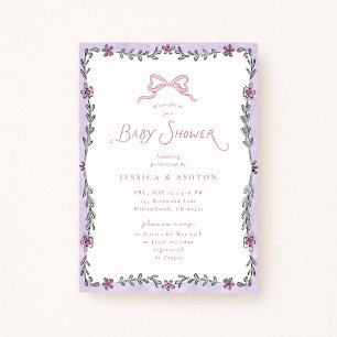 Whimsical Purple Floral Frame Baby Shower Invitation