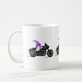 Whimsical purple gnome riding a motorcycle coffee mug