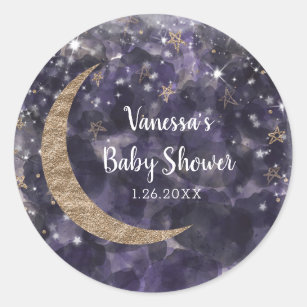 Whimsical Purple Gold Moon Stars Baby Shower Classic Round Sticker