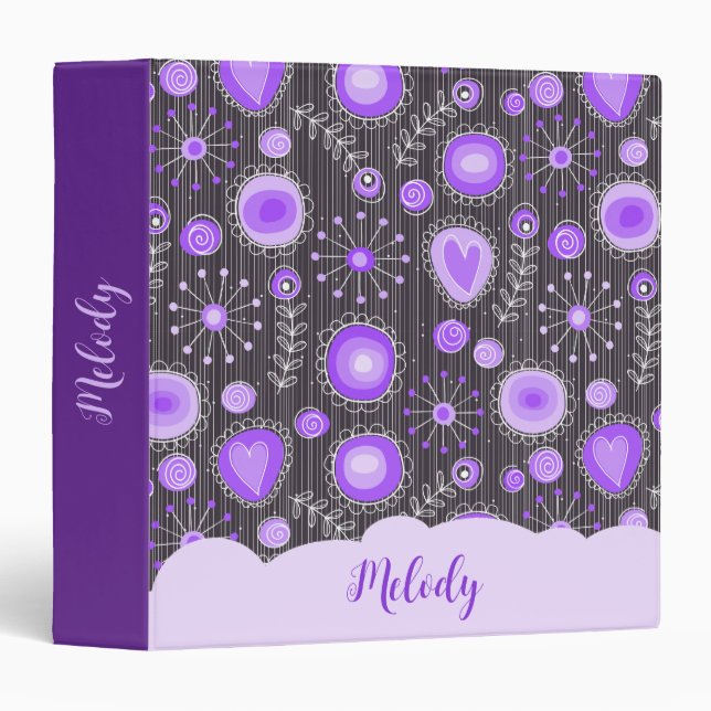 Whimsical purple grey heart and flower floral name binder (Front/Spine)