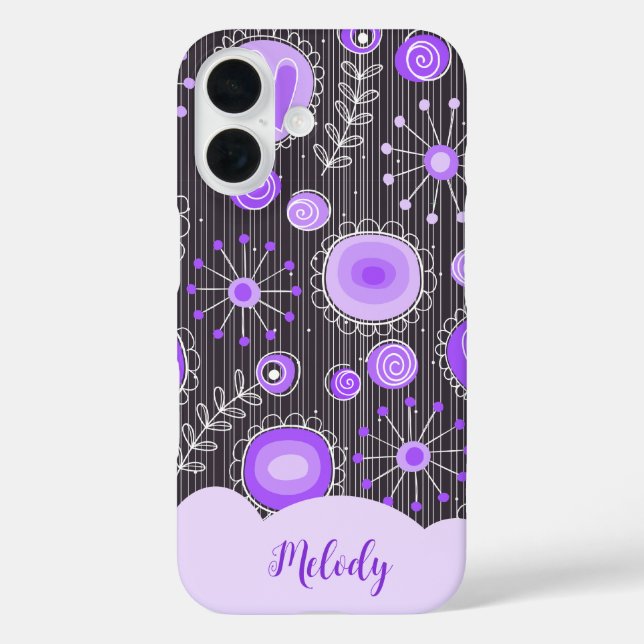 Whimsical purple grey heart and flower floral name Case-Mate iPhone case (Back)