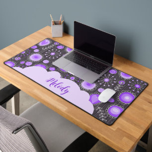 Whimsical purple grey heart and flower floral name desk mat