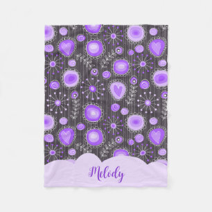 Whimsical purple grey heart and flower floral name fleece blanket