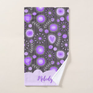 Whimsical purple grey heart and flower floral name hand towel