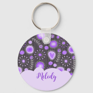 Whimsical purple grey heart and flower floral name keychain