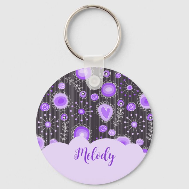 Whimsical purple grey heart and flower floral name keychain (Front)