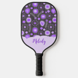 Whimsical purple grey heart and flower floral name pickleball paddle
