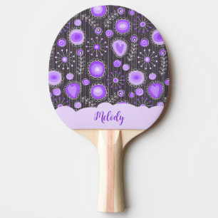 Whimsical purple grey heart and flower floral name ping pong paddle