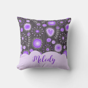 Whimsical purple grey heart and flower floral name throw pillow