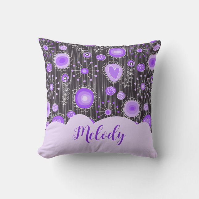 Whimsical purple grey heart and flower floral name throw pillow (Front)
