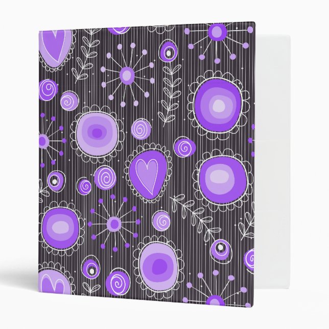 Whimsical purple grey hearts and flowers floral binder (Front/Inside)