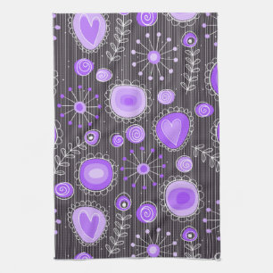 Whimsical purple grey hearts and flowers floral kitchen towel