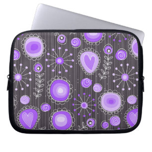 Whimsical purple grey hearts and flowers floral laptop sleeve