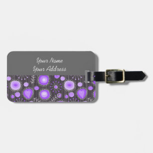 Whimsical purple grey hearts and flowers floral luggage tag