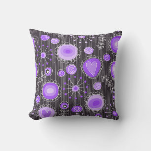Whimsical purple grey hearts and flowers floral throw pillow