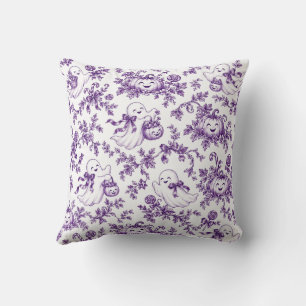 Whimsical Purple Halloween Toile Ghosts Pumpkins Throw Pillow