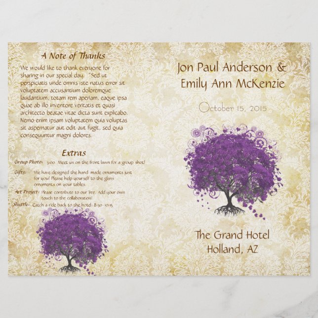 Whimsical Purple Heart Leaf Programme de mariage d (Devant)