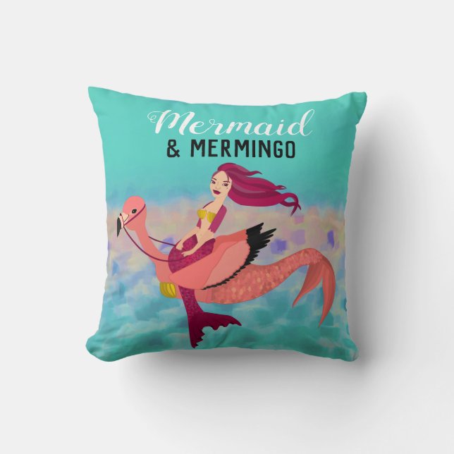 Whimsical Purple Mermaid & Pink Mermingo Art Throw Pillow (Front)