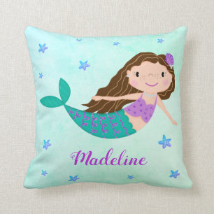 Whimsical Purple Mermaid Starfish Glitter Throw Pillow