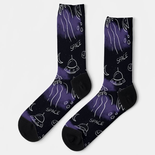 Whimsical Purple Outer Space Seamless Pattern Socks (Left)