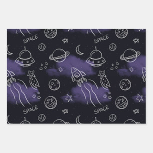 Whimsical Purple Outer Space Seamless Pattern Wrapping Paper Sheet