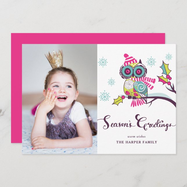 Whimsical Purple Owl and Snowflakes Holiday Photo (Front/Back)