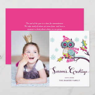 Whimsical Purple Owl and Snowflakes Holiday Photo Card