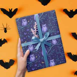 Whimsical Purple Owl Birds Woodland Night Pattern Wrapping Paper