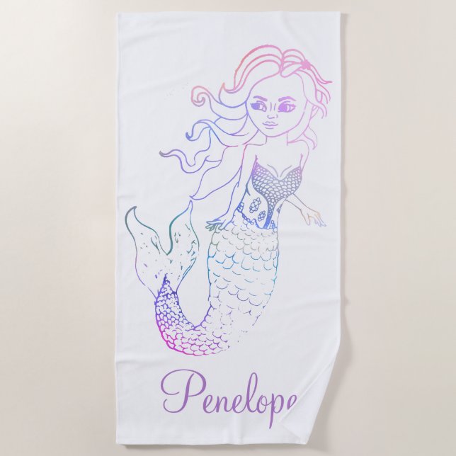 Whimsical Purple Pastel Rainbow Mermaid with Name Beach Towel (Front)
